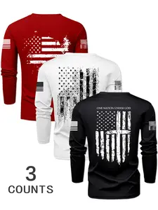 Men's Long Sleeve Round Neck T-Shirts, Casual Polyester Knit Tops with Flag Print, Fitted Style for Outdoor Leisure Daily Wear