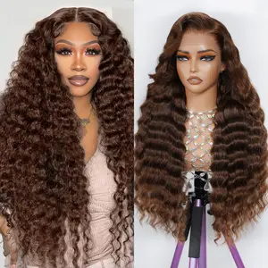 30 inch Chocolate Brown Deep Wave 13X6 HD Transparent Lace Front Wigs Human Hair 10A Grade Human Hair Wigs for Black Women Pre Plucked with Baby Hair 180 Density