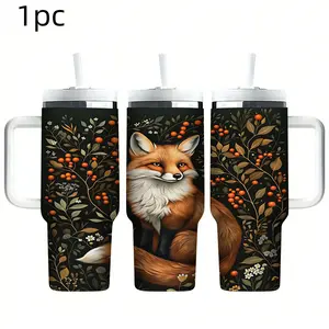 1pc 40oz/33oz/30oz/17oz  Insulated Tumbler with Handle | Autumn Forest Fox & Berry Floral Print | Stainless Steel Vacuum Travel Mug | Keep Drinks Hot & Cold | Perfect Nature Gift for Women, Fall Lovers & Christmas