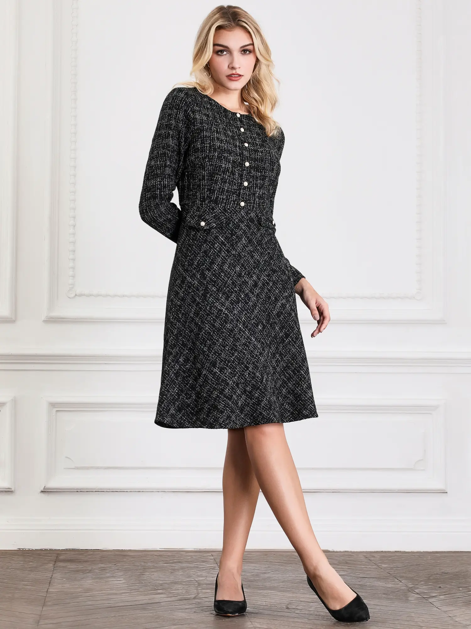 INSPIRE CHIC Women's A-Line Tweed Dress Long Sleeve Vintage Work Flare Dresses