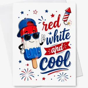 Patriotic 4th of July Card, Red-White Cool Funny Popsicle Fireworks Americana Summer Design, 5x7 Office Stationery, Personalized Message Option, Free Standard Shipping (C1773)