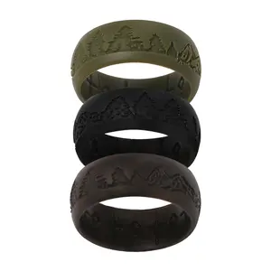 Men’s Silicone Wedding Band 4-Pack, Mountain and Tree Pattern Ring with Breathable Cross Groove, Rubber Promise Ring for Him, Safe Ring for Gym Work Travel Outdoor