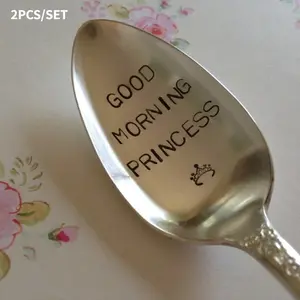 2pcs Good Morning Princess Hand Stamped Recycled Vintage Silverware Spoon