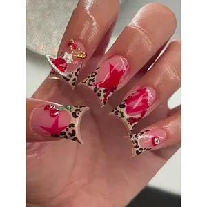 1 Box Of 24pcs Press-On Nails, Rhinestone, Star, Cherry Cheetah Print Design.