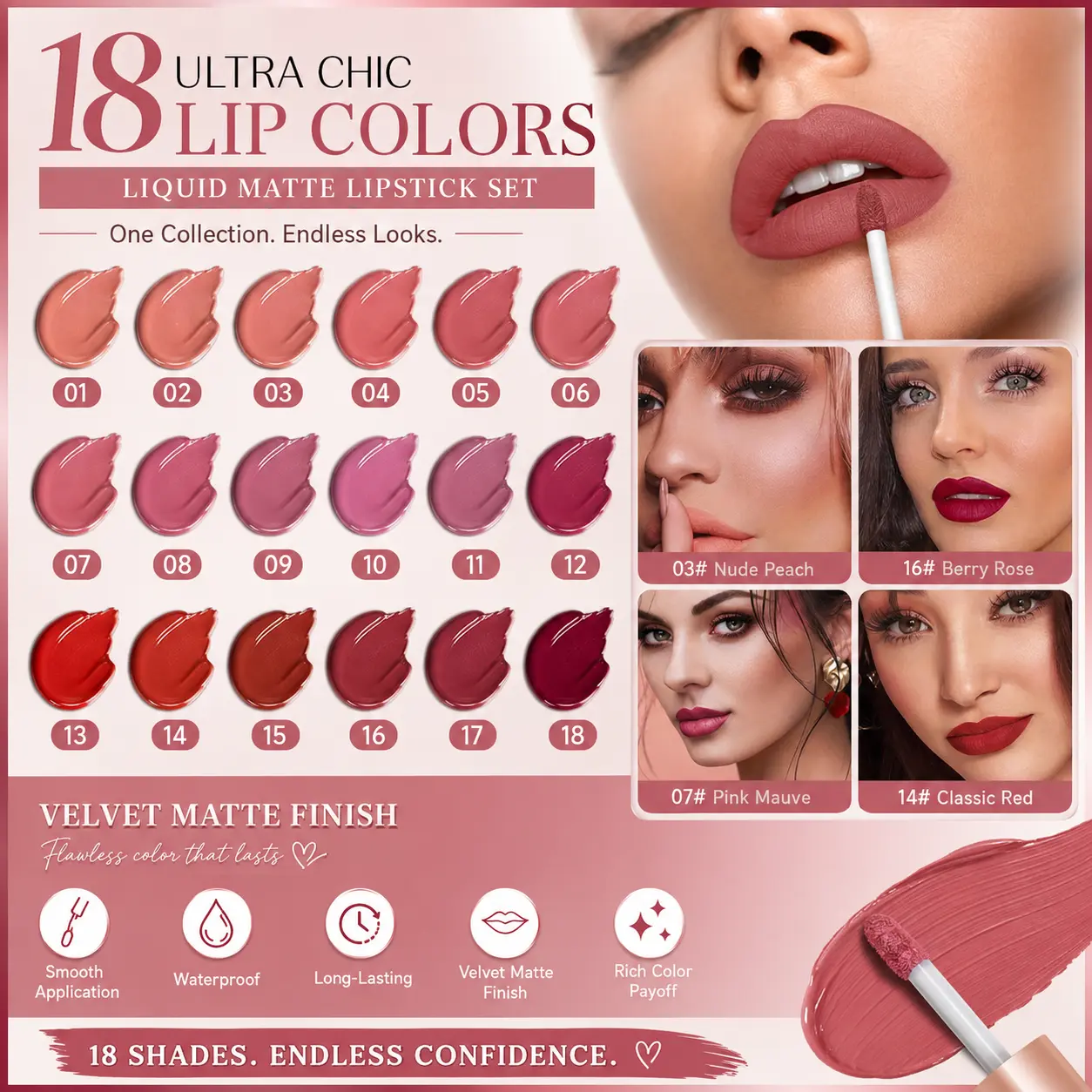 Matte Liquid Lipstick, Waterproof and Long-Lasting Formula with a Flawless Finish, All-Day Wear Lip Makeup in 18 Vibrant Shades, 18 Shades, 18 Vibrant Matte Shades