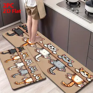 2/3 Piece Flannel Kitchen Mat Set, Fun Cartoon Multi-Color Cat Climbing Interactive Design, Non-Slip, Absorbent, Washable Kitchen Rugs