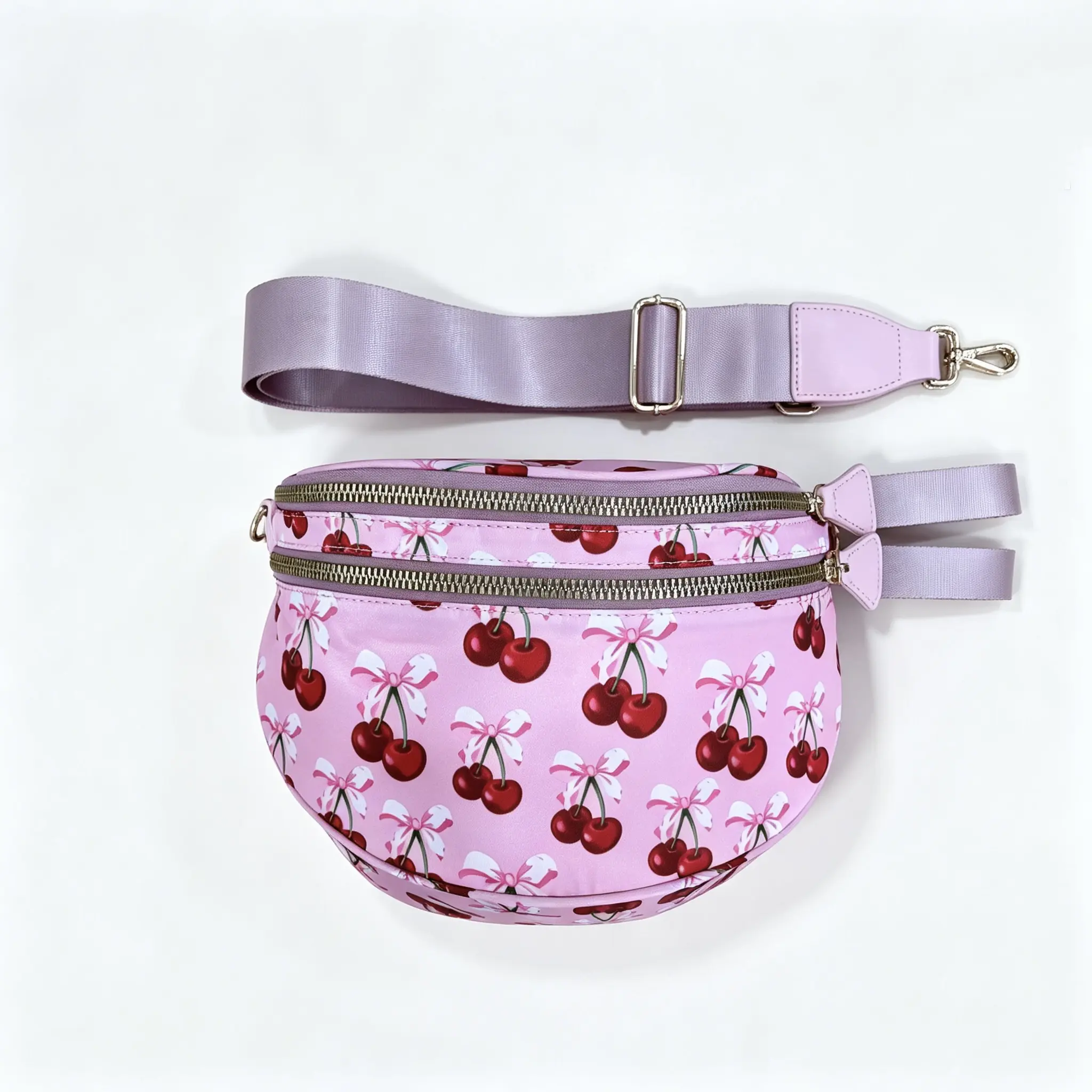 【CC SHOP】Women Cute Cherry Bow Print Belt Bag, Pink Nylon Crossbody Fanny Pack with Extra Wide Adjustable Strap, Fashion Waist Sling Purse for Travel Daily Shopping Outdoor