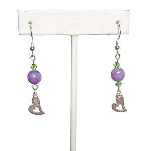 Purple Crazy Lace and Hammered Heart Earrings with Sterling Silver Hooks