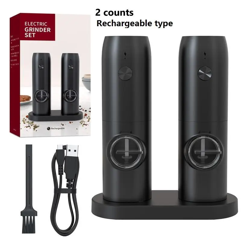 Rechargeable Electric Salt and Pepper Mill Set, Automatic Salt and Pepper Mill with LED Light, One Handed Operation Salt Mill Pepper Mill with USB Typ