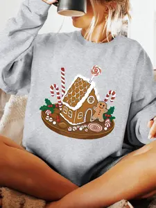 Christmas Gingerbread House Print Women's Crew Neck Sweatshirt, Casual Fit for Fall & Winter, Cartoon Pattern, Moderate Fabric Thickness