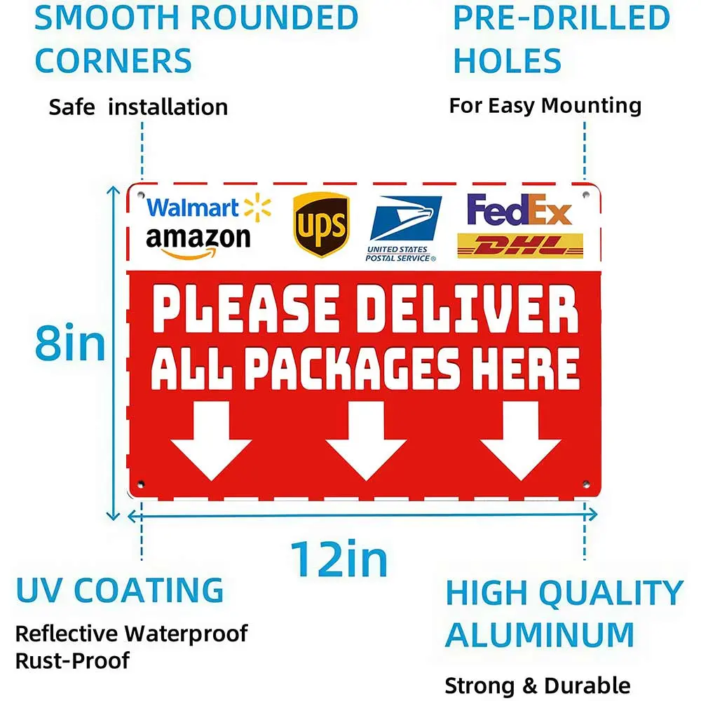 Vintage "Please Deliver All Packages Here" Lightweight Metal Aluminium Sign, 12x8 in Home Decor Plaque for Porch, Outdoors, Yard Signs, Home Decor Accessories
