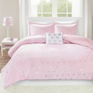 Mi Zone Rosalie Comforter Set for Girls, Ultra-Soft Microlight Plush Metallic Printed Hearts Brushed Reverse Overfilled Down Alternative Hypoallergenic All Season , Full/Queen, 4 Piece