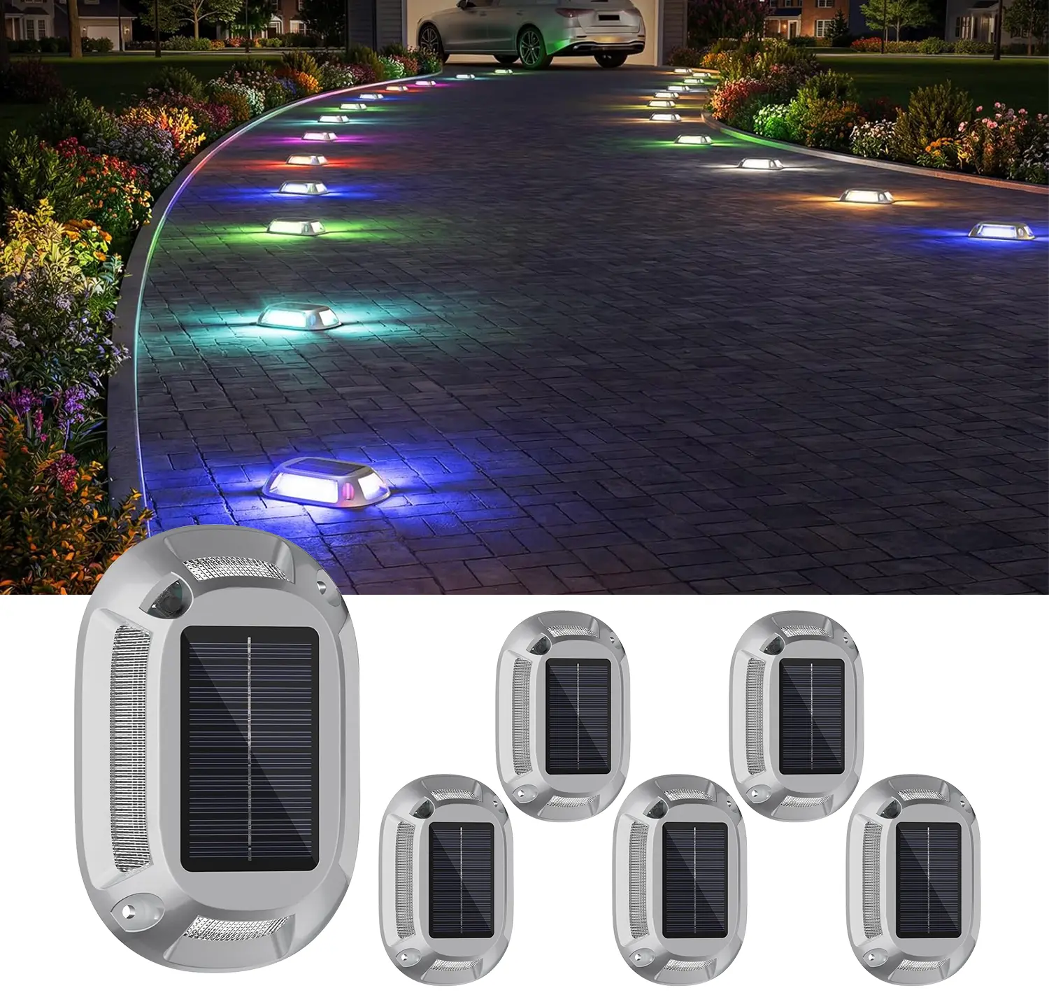 Senlukit Solar Driveway Lights IP67 Solar Deck Light Marine Deck Lights Outdoor Waterproof Multi-color LED Driveway Markers for Walkway Path Decor [12Modes - Strobe/RGB/Fix-color]