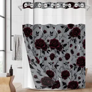 1PC 2D Flat Dark Red Rose Moon Shower Curtain, Gothic Rose Vine Design, Waterproof Detachable Liner Bathroom Curtain (No Hooks)