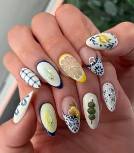 Mediterranean Lemon Press On Nails Almond Shape  Handmade Blue White Ceramic Tile Nail Art with 3D Lemon Slice & Olive Branch Design  Reusable Acrylic False Nails  Italian Summer Vacation Nails