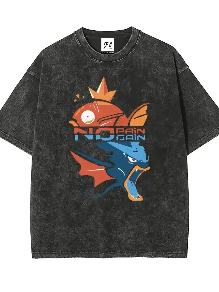 Men's Oversized Loose Fit Stretch Casual Short-Sleeve Washed Cotton T-Shirt - Pocket Monsters Magikarp Gyarados Evolution "No Pain No Gain" Graphic, Retro Vintage Distressed Unisex Anime Streetwear Top,summerwins,father'sdaygifts