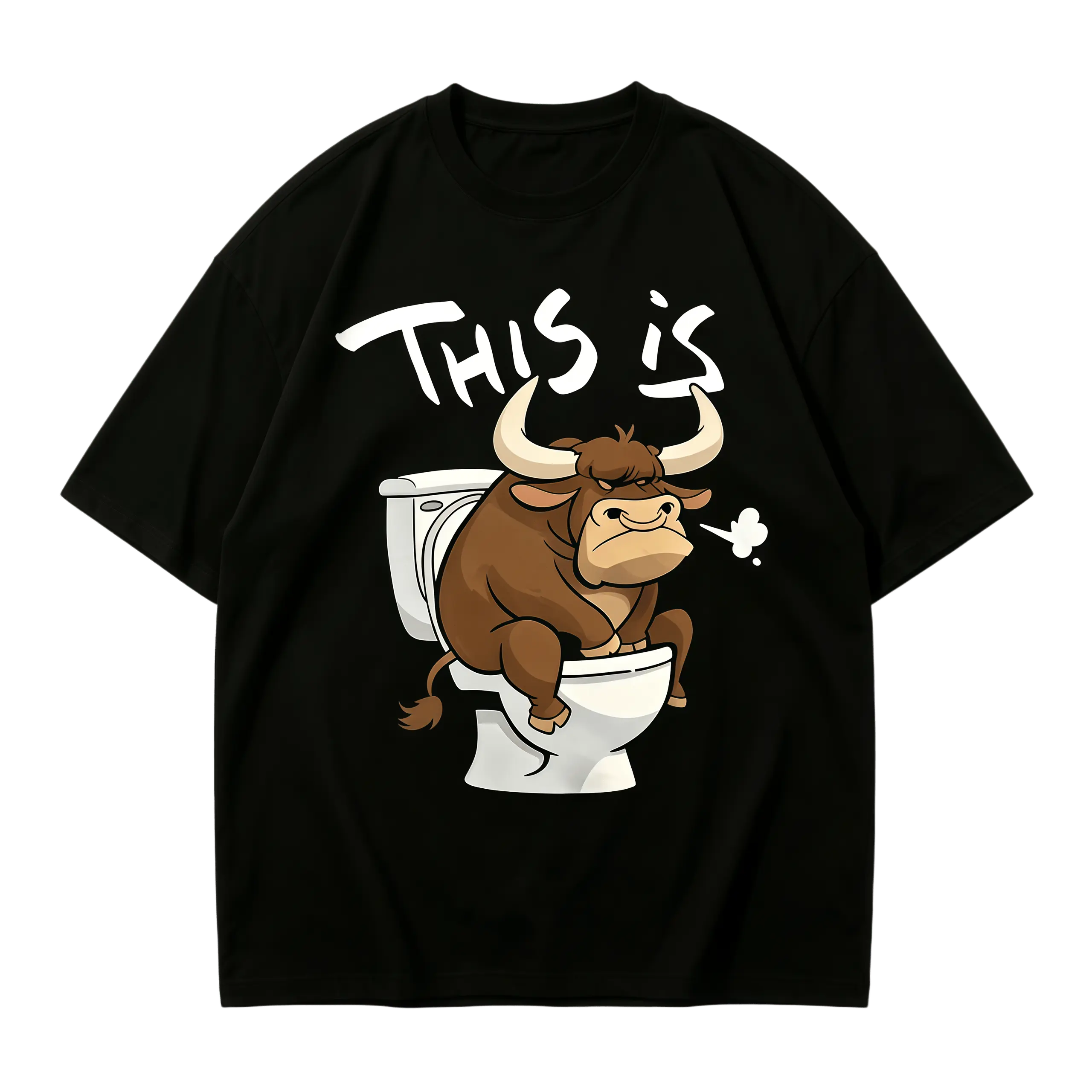 Oversized T Shirt Cartoon Grumpy Buffalo Sitting On Toilet This Is Hand Drawn White Text Humor Front Graphic Print, Round Neck T Shirt For Meme Lovers Joke Fans Daily Relaxed Street Outfit Casual Holiday Wear Trendy Funny T Shirts