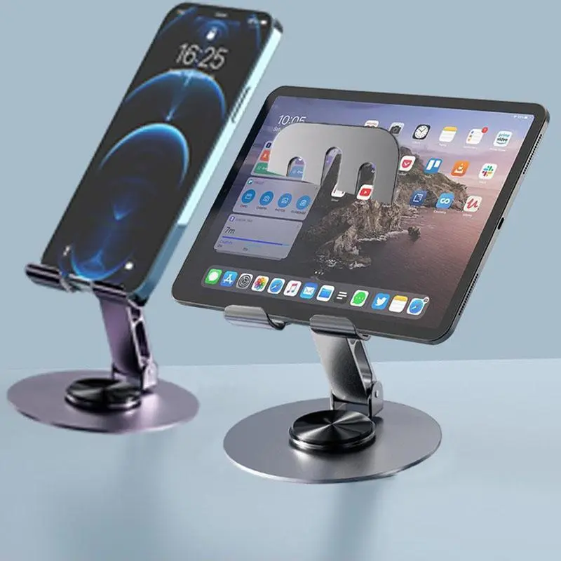 Durable Metal Aluminium Desktop Mobile Stand & iPad Holder for Desk - 360-Degree Rotating Base, Adjustable Mount, Anti-Slip Surface, Cable Opening, Charge While Using, iPhone 16 Pro Max, S21, iPad Mini, Tablets
