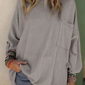 Grey Ribbed Pocket Blouse