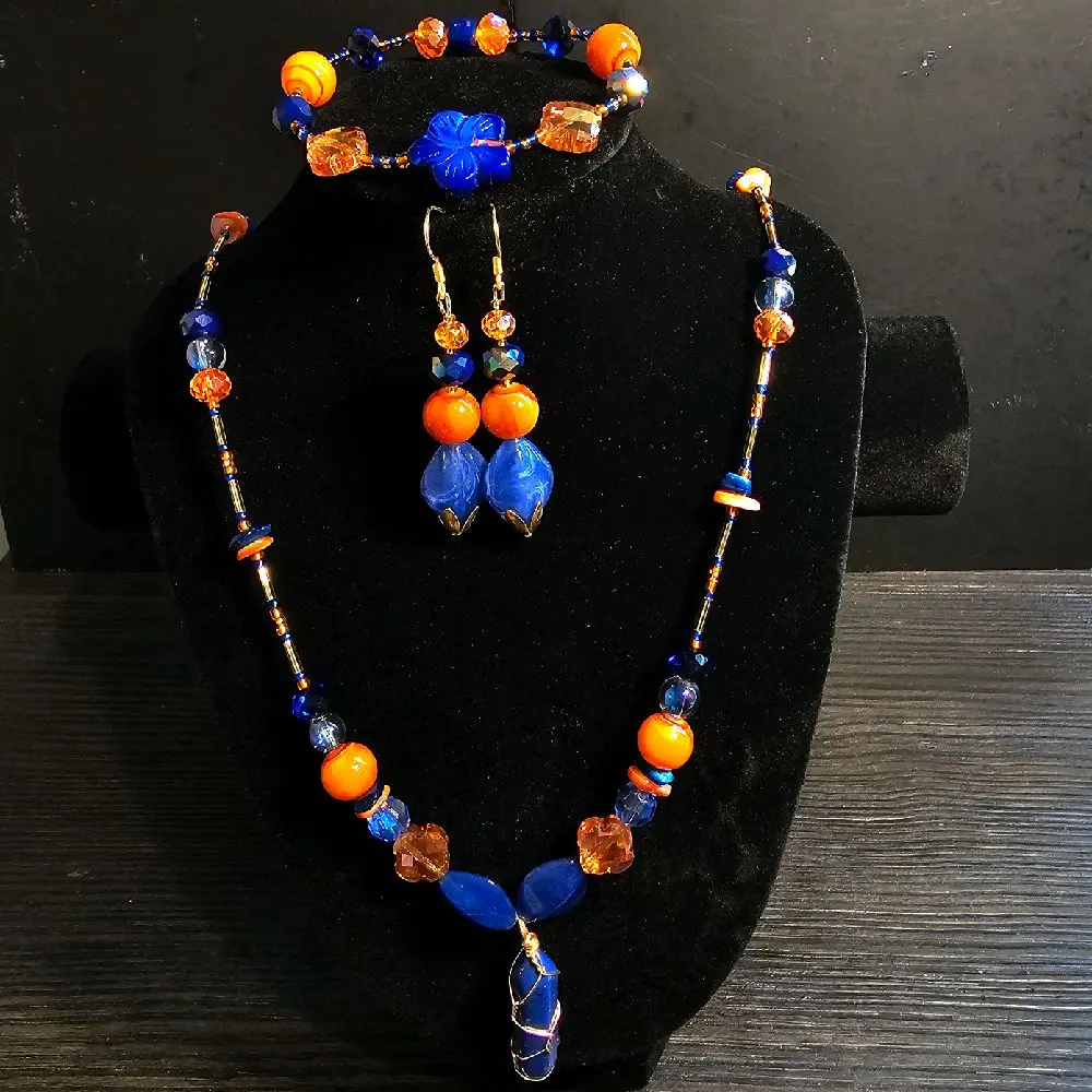 Gabriela Haller HigherKii Artique Dusk Crystal Jewelry Set with Dark Blue Pendant and Beaded Necklace Set