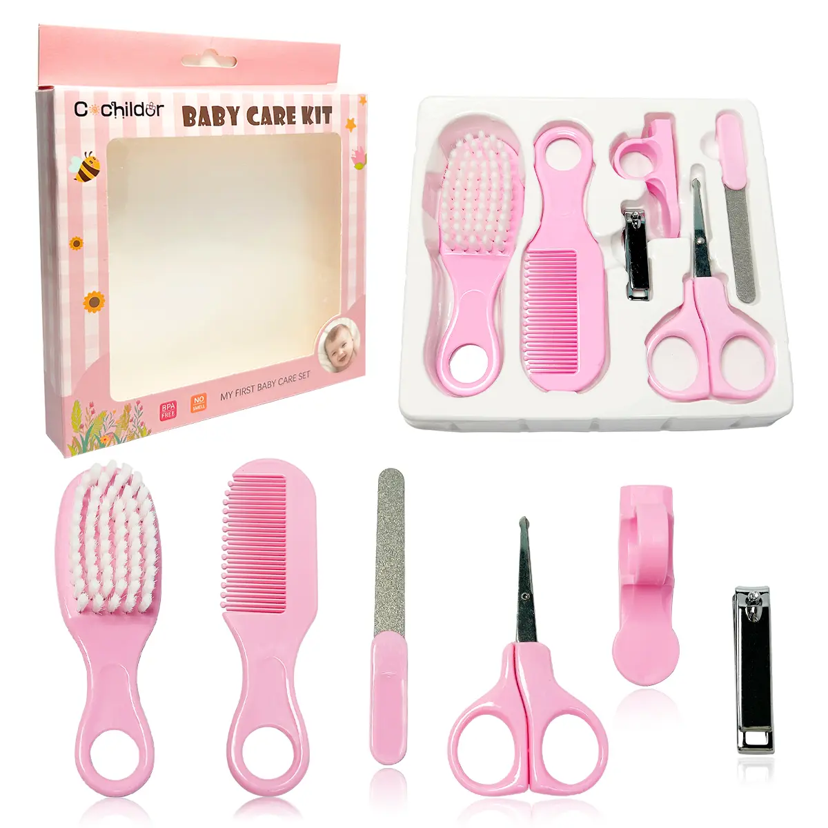 Pink Baby Grooming Kit, 6-Piece Portable Newborn Safety Care Set for Infants with Nail Clippers, Scissors, and Compact Travel Case, Infant, Babies Kit, Compact Kit