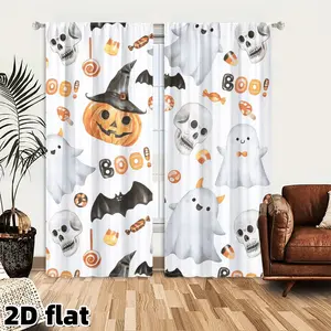 2D Flat 2Pcs Halloween Curtains for Window, Cute Ghost Pumpkin Bat Skull Pattern, Cartoon Candy Print Drapes, Seasonal Home Decor, White Background Living Room Bedroom Kitchen Treatment, Holiday Party Decoration