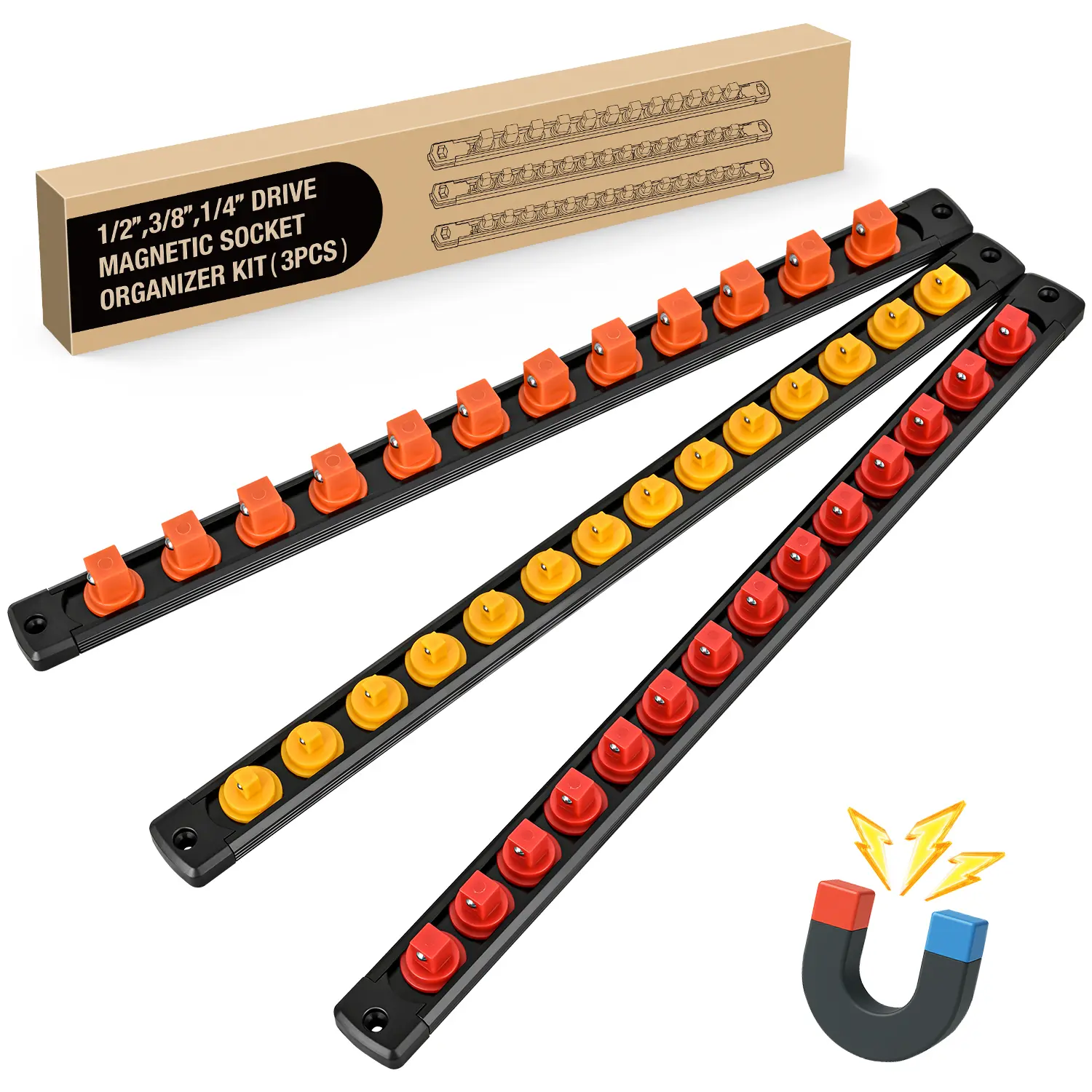 GOOACC Magnetic Socket Organizer Rail Kit - 3 Heavy Duty 16-Inch Aluminum Rails, 1/4" 3/8" 1/2" Drive Holders, 40 360° Swivel Clips, Removable Caps, Efficient Storage Large Capacity for Tool Box Drawer, Pegboard