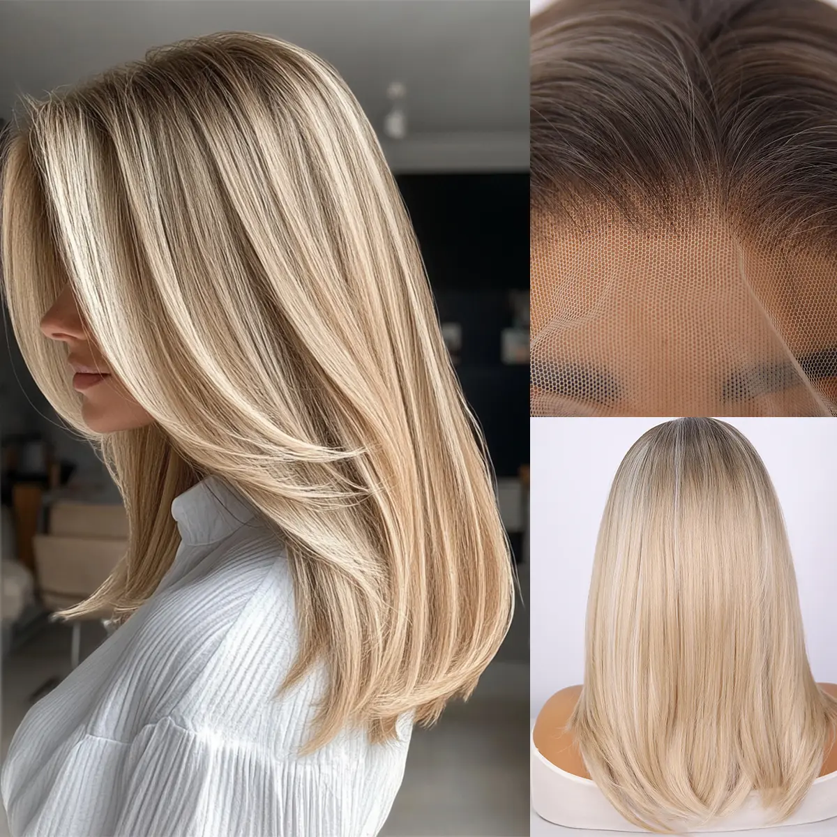 Smilco Ombre Brown to Ash Blonde Straight Wig, 22-Inch Long Synthetic Hair for Women with 13x4 Free Part