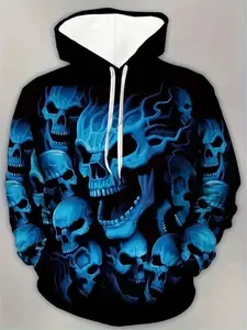Men's Skull Flame Print Gothic Style Hoodie Casual Fitted Pullover with Pockets, Comfortable Streetwear for All Seasons Casual Streetwear Sweatshirt