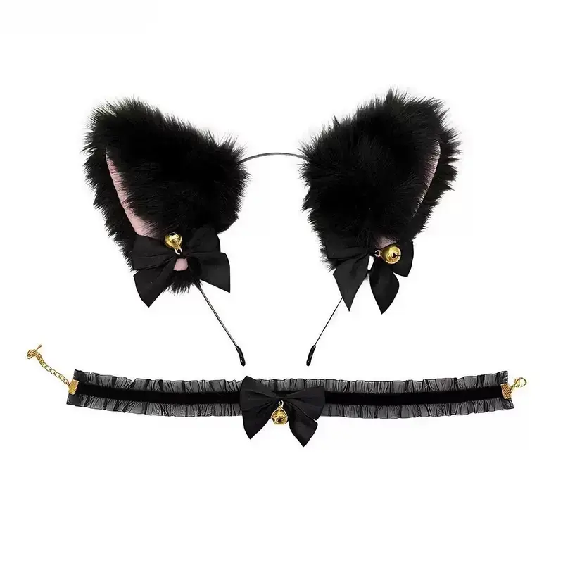 Women's Plush Cat Ear Headband & Choker Set - Cute Kawaii Fluffy Character-Based Festive & Party Supplies, Cosplay Prop, Hair Accessory