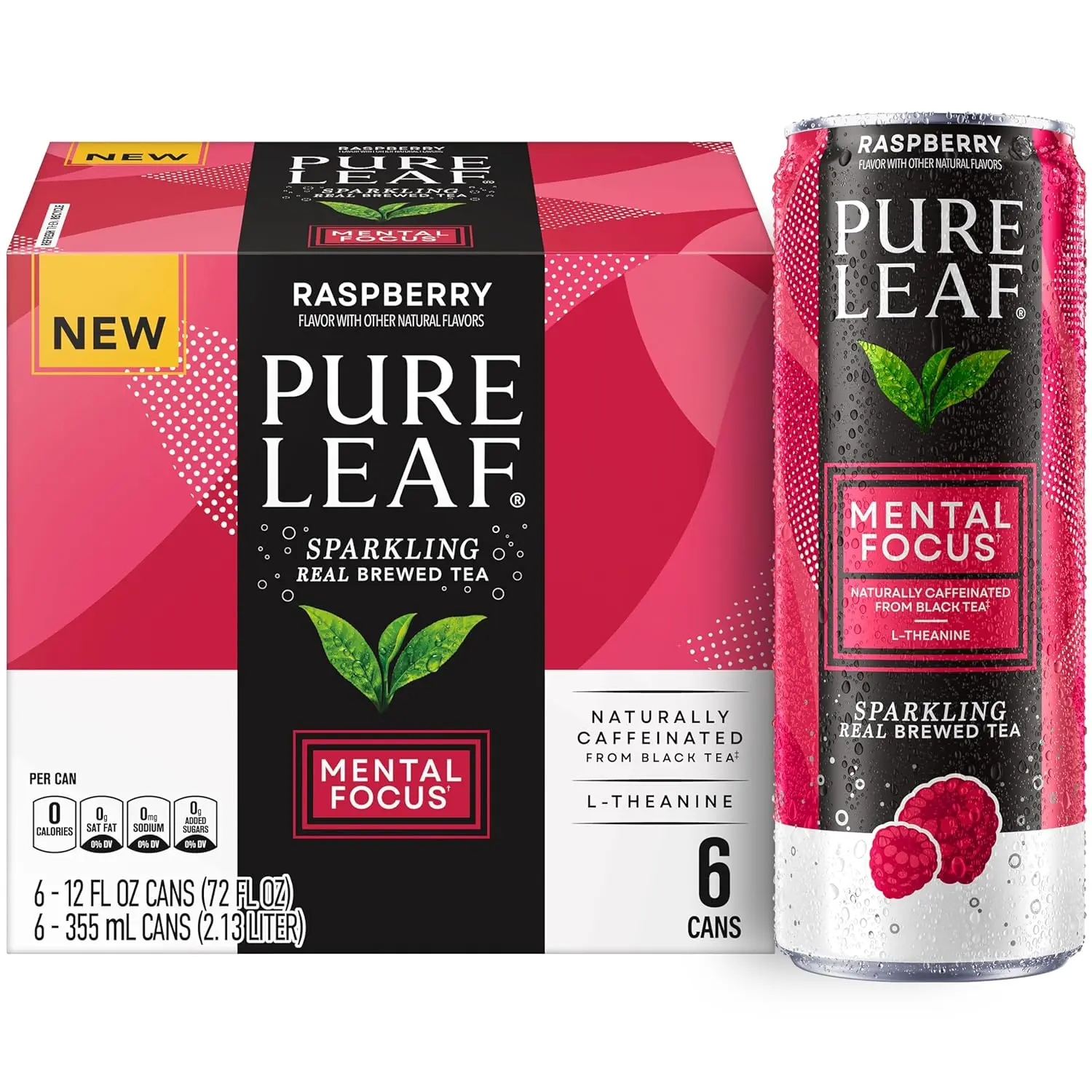 Pure Leaf Mental Focus Sparkling Real Brewed Iced Tea, Raspberry, 12 fl oz Cans (6 Pack), Caffeine, L Theanine, Zero Sugar, Zero Calories