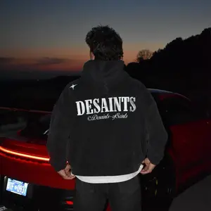 Desaints Washed Black Hoodie - Cropped Fitted Hoodie with Long Sleeves, and Letter Pattern