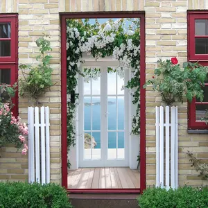 2 Mediterranean Style Simulation Door Sticker Sea View Balcony Wall Decal Self Adhesive Removable Living Room Bedroom Background Wall Sticker Waterproof Moisture Proof Eco Friendly PVC Material Home Wal