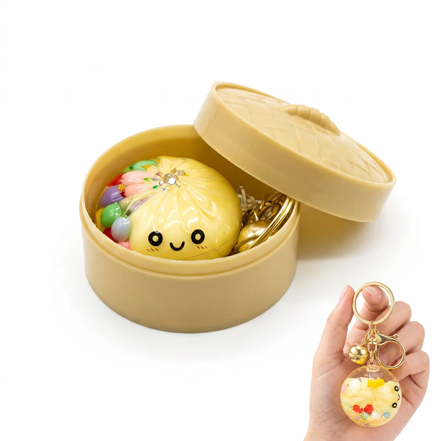 Cute Soft Mini Dumpling Keychain - Resin PVC Alloy, Double Ring Kawaii Charm, Girly Compact Fashion Accessory, Steamed Bun Pendant for Backpacks, Novelty Gift for Girls