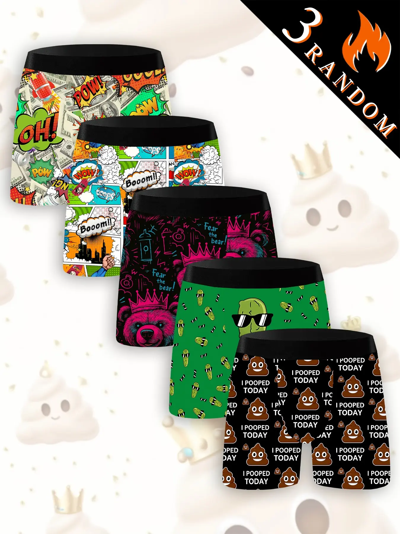 Random 3 Pack Men's Cartoon Digital Print Underwear, Funny Poop Print, Breathable Comfortable Fitted Boxer Briefs, Casual Daily Wear