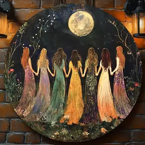 Mysterious Moonlight Sisters Wall Art Vintage Priestess Ritual Decor with Four Sisters Under Full Moon Floral Patterns in Teal Blue Golden Purple Pink Durable Aluminum Metal Plaque for Home Office Gothic Bohemian Fantasy Dec Ornaments Artwork Nature