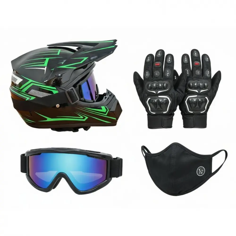 Kids' DOT-Certified 4-Piece Ventilated Full Face Helmet Set - Off-Road Helmet, Anti-Slip Gloves, Goggles, Face Mask for Dirt Bike, UTV, Matte Black Motorbike Accessory