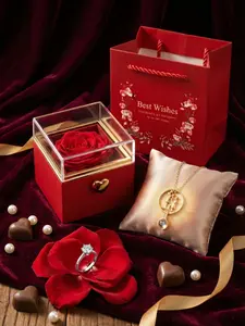 100 “I Love You” Nano Projection Necklace + Classic 6-Prong Open Ring | Heart Auto-Spinning Surprise Gift Box (Valentine’s Proposal Gift)