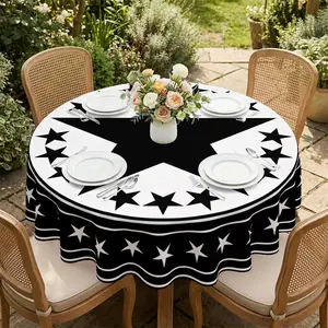 Black background white circle star printed round tablecloth, classic American style dining table accessory, suitable for fan gatherings, themed parties, restaurants