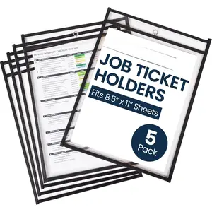 - 5 Pack, Black, Job Ticket Holders, 10" Wide x 13.5" Tall - Clear Plastic Shop Ticket Holders - Easy to Use,  & Easy Erase Plastic Invoice Holders, Water-Resistant & Durable