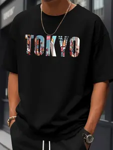 Men'S Tokyo-Inspired Graphic T-Shirt - Breathable Soft Polyester, Casual Short Sleeve with Vibrant Cityscape Print, Perfect Gift for Friends, Casual Outing Apparel | Tokyo Print Shirt | Soft Texture Shirt