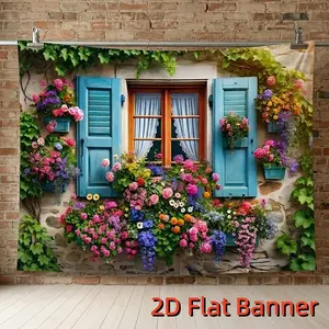 1PC,2D Flat European Style Floral Window Scene Tapestry, Outdoor Garden Decoration Backdrop, Indoor Living Room Bedroom Wall Hanging, Picnic Camping Photo Prop, Multi - scene Decorative Cloth