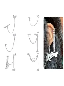 6Pcs Tassel Ear Cuff Butterfly Snowflake Flower Star Moon Leaf CZ Cuff Earring Chain Set Crawler Climber Earring Dangling Chain Wrap Clip on Earrings Jewelry for Women Men Gold Silver Tone Earcuff