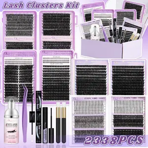 Lash Clusters Kit DIY Lash Extension Kit Cluster Lashes Kit+Bottom Lashes+Spikes Eyelash Extensions with Lash Bond and Seal Lash Remover Tweezers Cleansing Mousse Shampoo Brush*2 DIY at Home