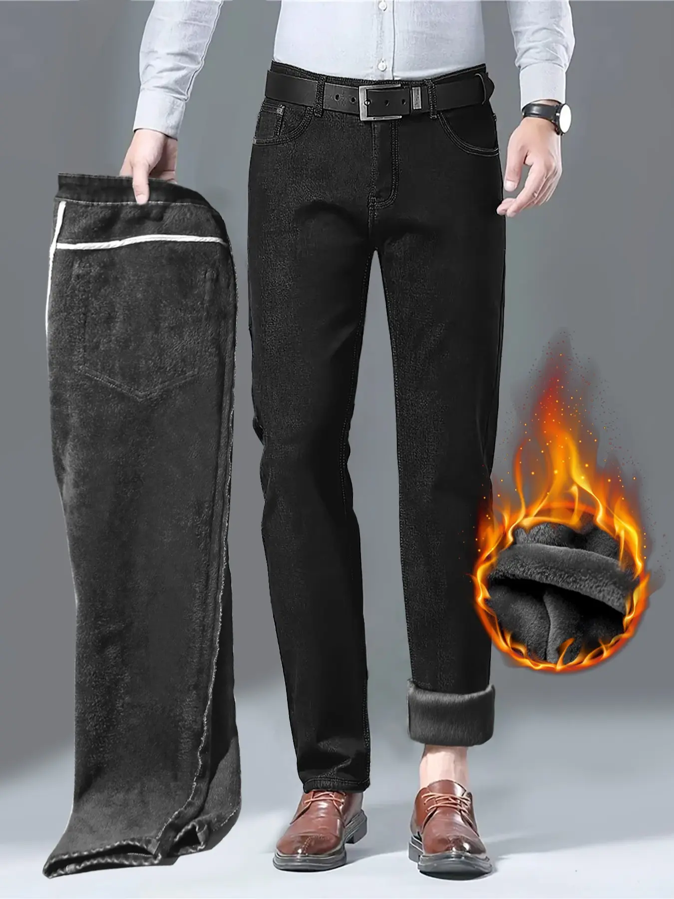 Men's Slim Fit Winter Jeans, Thickened Non-Shedding Fleece-Lined Stretch Denim Trousers, Height-Enhancing Cut in Beige, Trouser, No Shedding