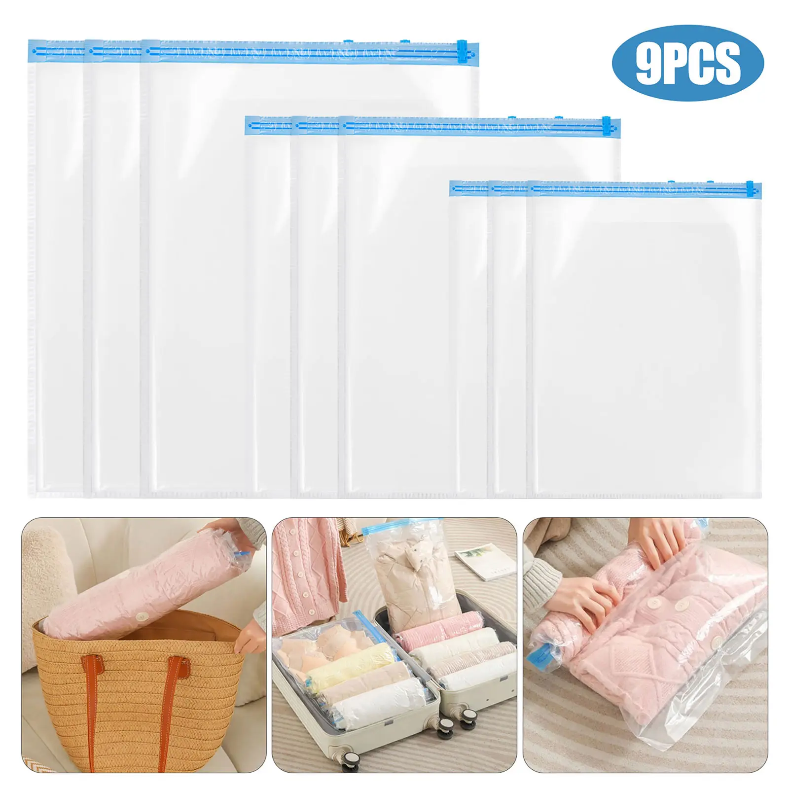 9pcs Space Saver Bags, Hand-rolled Compression Bag, No Vacuum or Pump Needed Storage Pouches for Travel