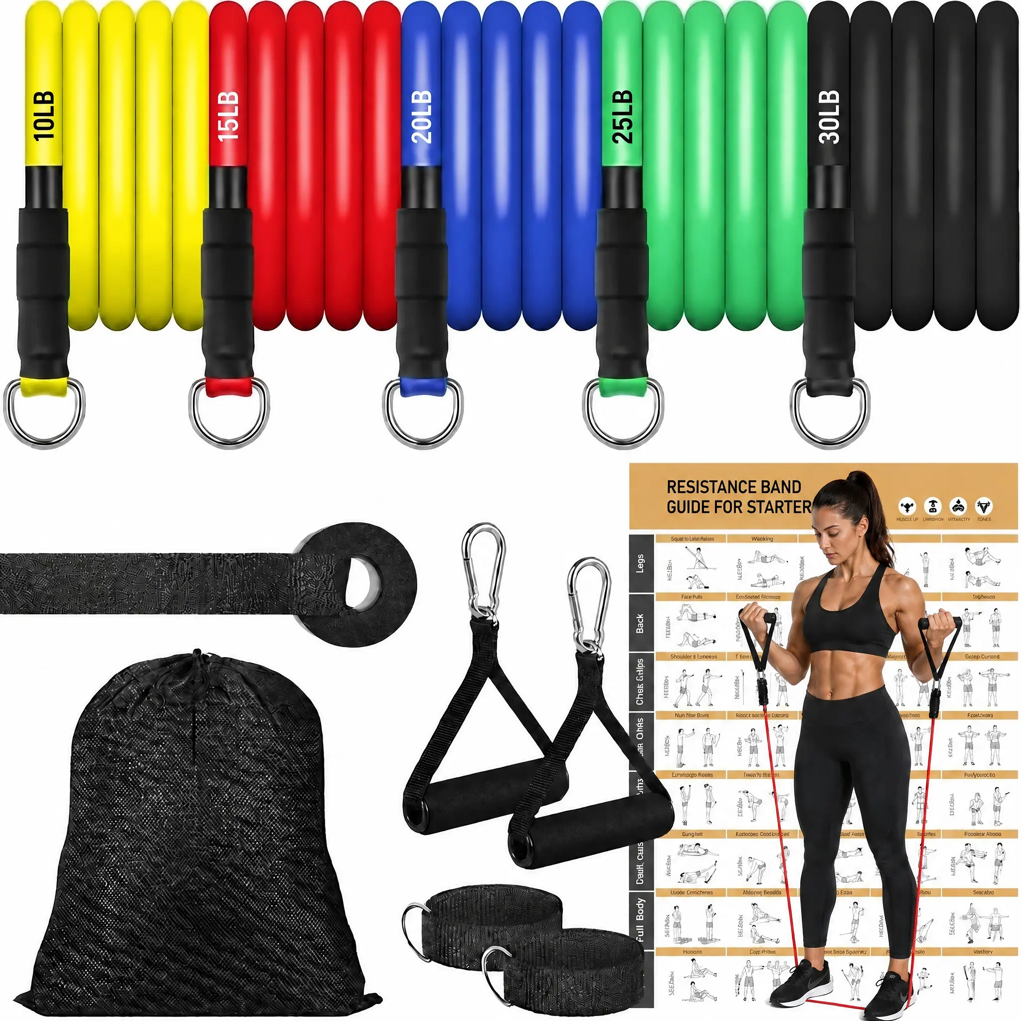 6-Level Resistance Bands Set with Handles, 10-130 lbs Stackable Resistance, Oversized Workout Chart, Door Anchor, Ankle Straps & Carry Bag, Home Gym Fitness Accessories for Full Body Shaping