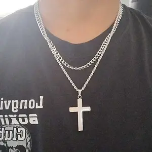 Cross Necklace for Men, Layered Mens Cross Necklaces Stainless Steel Cross Pendant Cuban Link Rope Chain