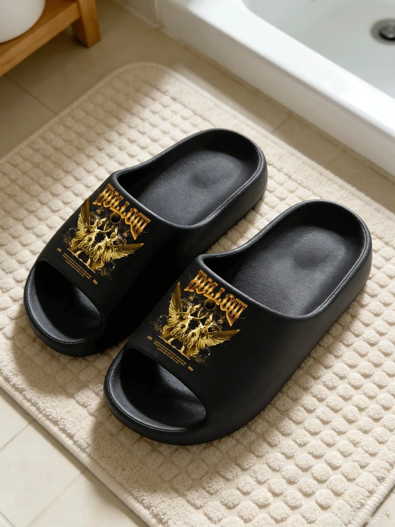 Gold Angel Print Fashion Slippers, Retro Cool Style, Thick Sole Soft Bottom, Couple Home Outdoor Use, Asymmetrical Design