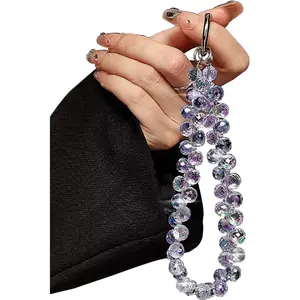 Purple Beaded Phone Wrist Strap, Sparkling Rhinestone Wristlet Bracelet, Fashion Cellphone Lanyard Chain for Women